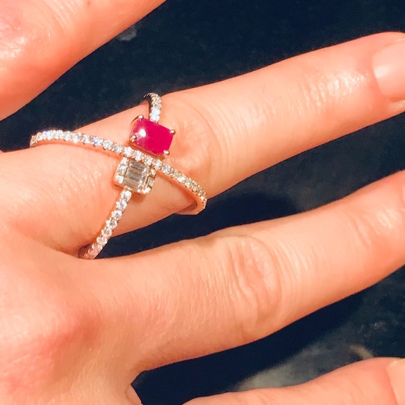 14K Rose Gold Genuine Diamond & Ruby X Ring - Picture 3 of 13
